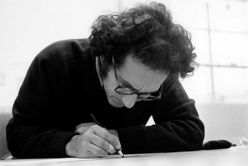 The artist Frank Stella stares in deep concerntration on the task at hand: drawing a series of lines that dash across the page. His furrowed brow channels beads of sweat down the tip of his nose as the heat of Los Angeles in the summertime places the mood betwixt existential dread and hot fun.