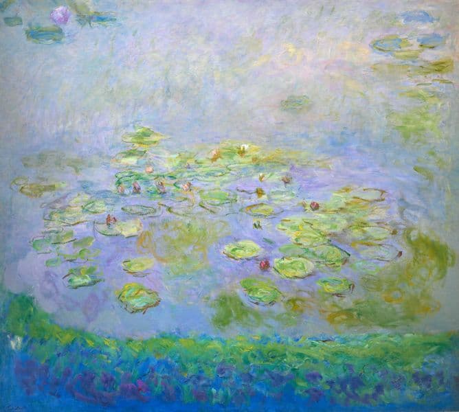 Painting of a pond with waterlilies floating on top of it