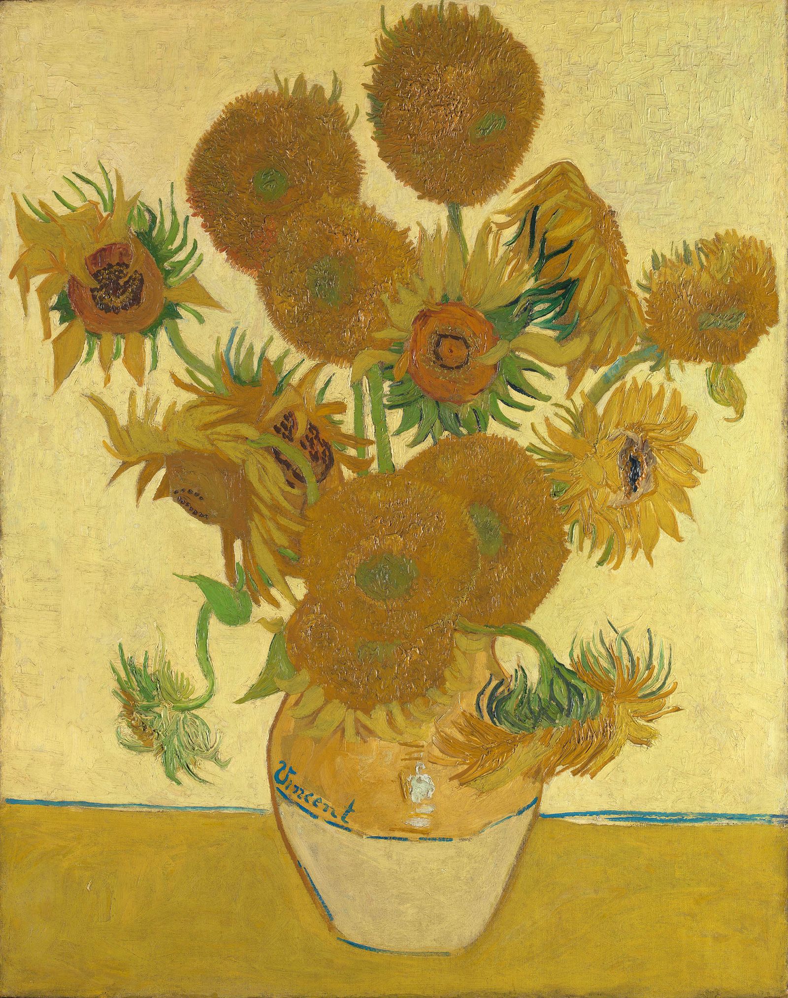 a vase of sunflowers on a yellow background