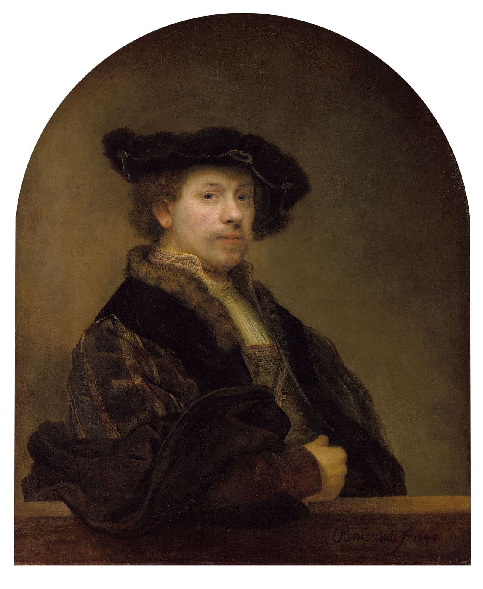 Oil paining of a seated man in a hat and fur lined coat leaning on a ledge or table.