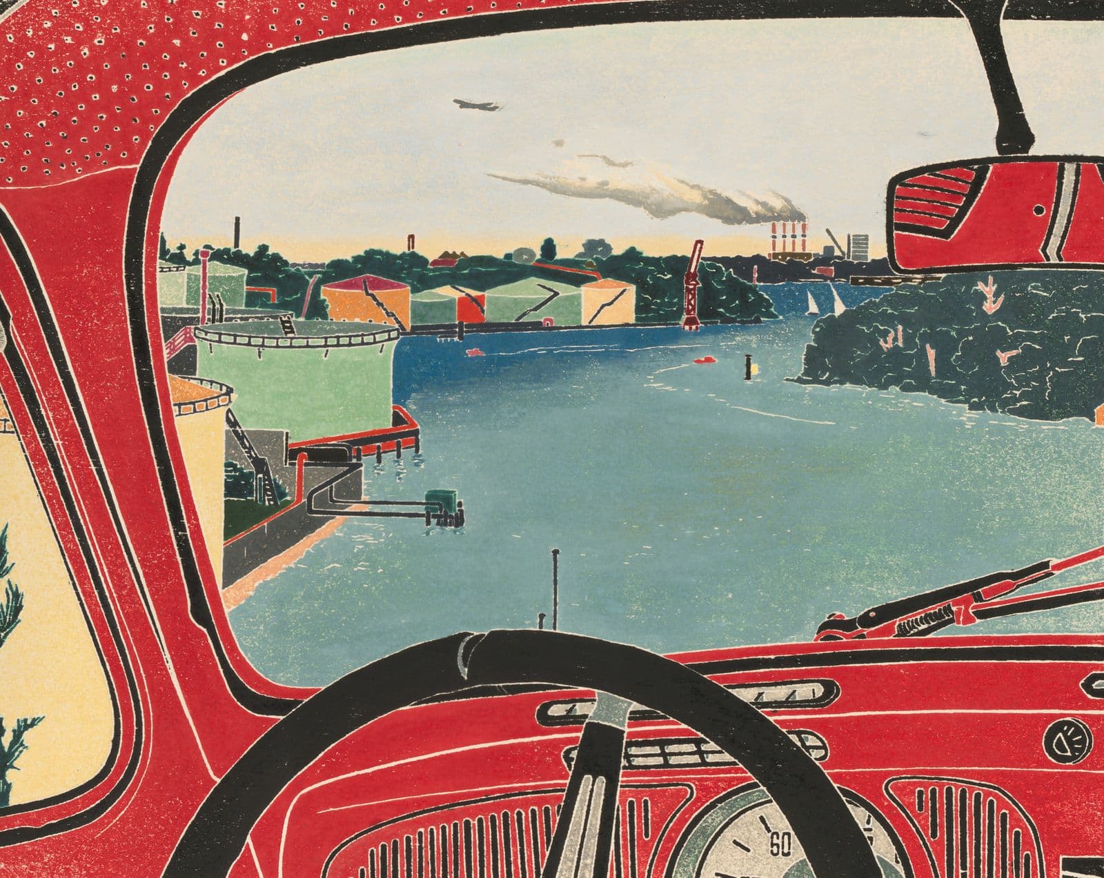 A print work of a red car interior looking out onto an industrial harbour