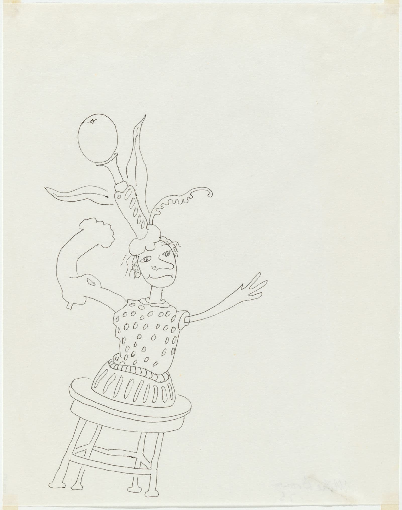 Whimsical pencil drawing of half a lady in clown like costume, drawn from the torso up on a leaning stool
