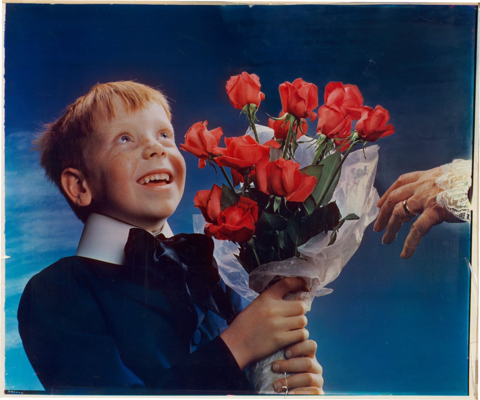 Picture of a young redheaded offering a bouquet of red roses to an unknown figure whose elderly hands are shown in the frame.