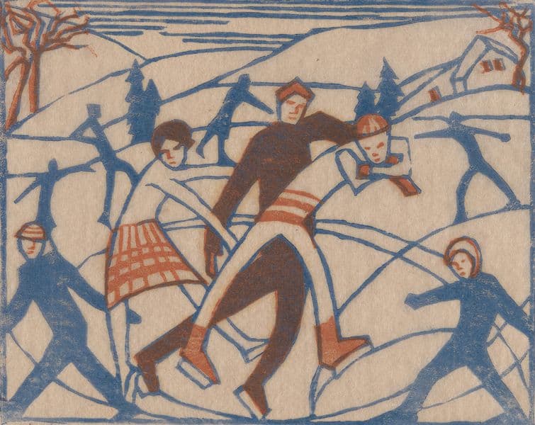Abstract image of several people skating on ice