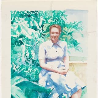 A painting of a woman with short brown hair in a blue dress sitting cross-legged in front of light green leaves and palms surrounding her.