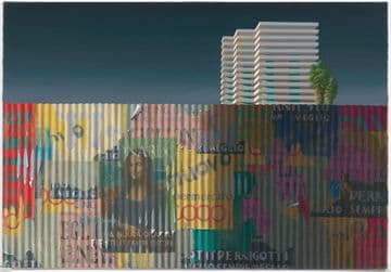 A corrugated iron fence pasted with layers and layers of old posters, a peeling poster of the Mona Lisa on top, takes up the bottom half of the painting. Behind the fence two palm trees and an office block rise into a cloudless blue sky.