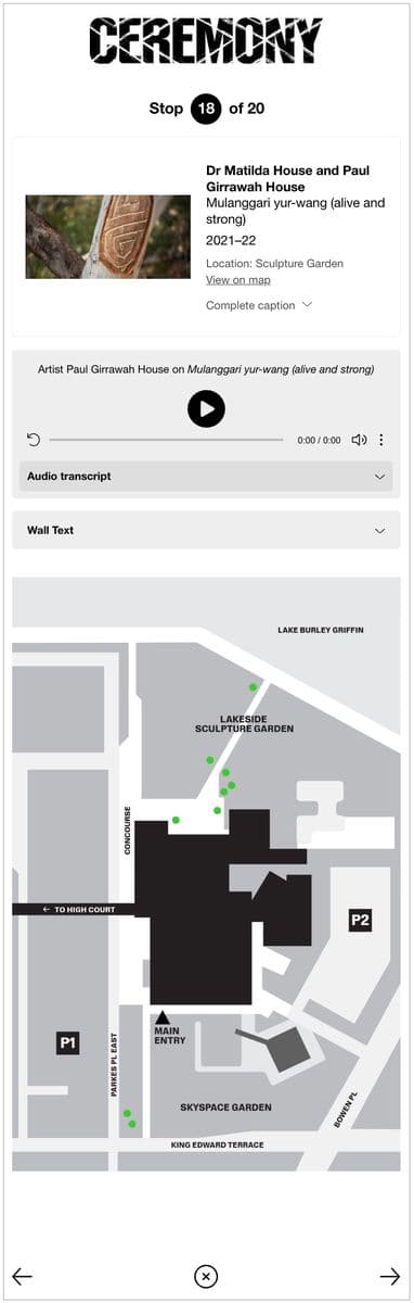A screenshot of a 'stop' on an audio tour, showing a work or art and an audio player, and also a birds-eye view map of the National Gallery in Canberra with some coloured dots indicating where the art work featured in this stop is located.