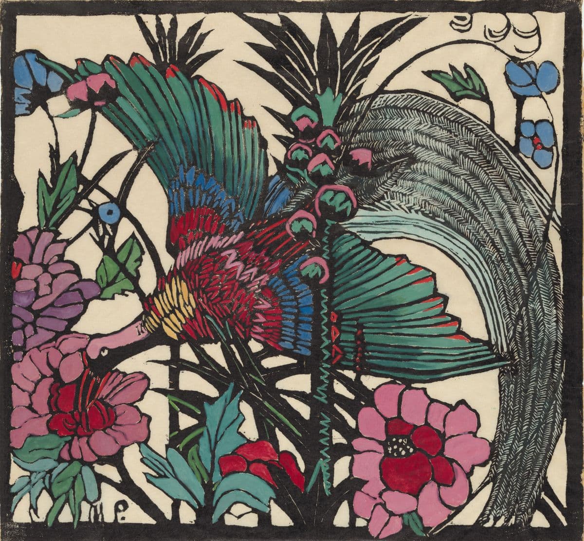 Multicoloured print of a large Bird soaring through a series of flowers