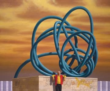At the front of the painting, man leans on a graffitied brick plinth on which sits an enormous blue twisted pipe sculpture. Just visible behind the plinth is a repeated row of apartment buildings, dominated by a cloudy sunset sky.