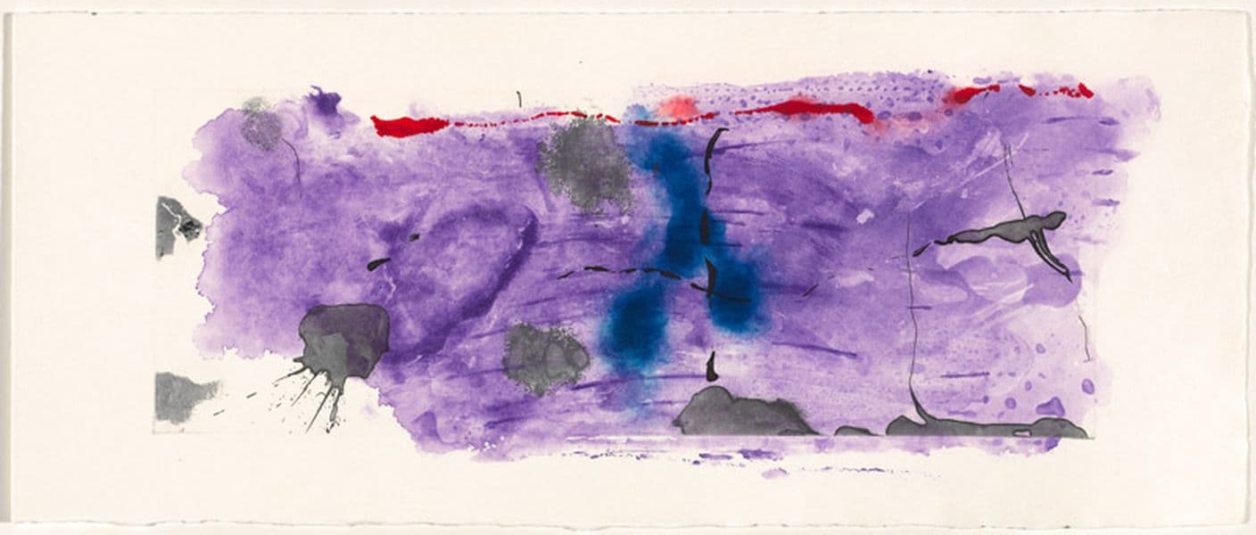 Abstract print work in purple, red, blue and grey