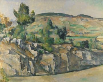 Oil painting of a landscape with a rocky formation in front of a small farmstead and a hillside covered in fields.