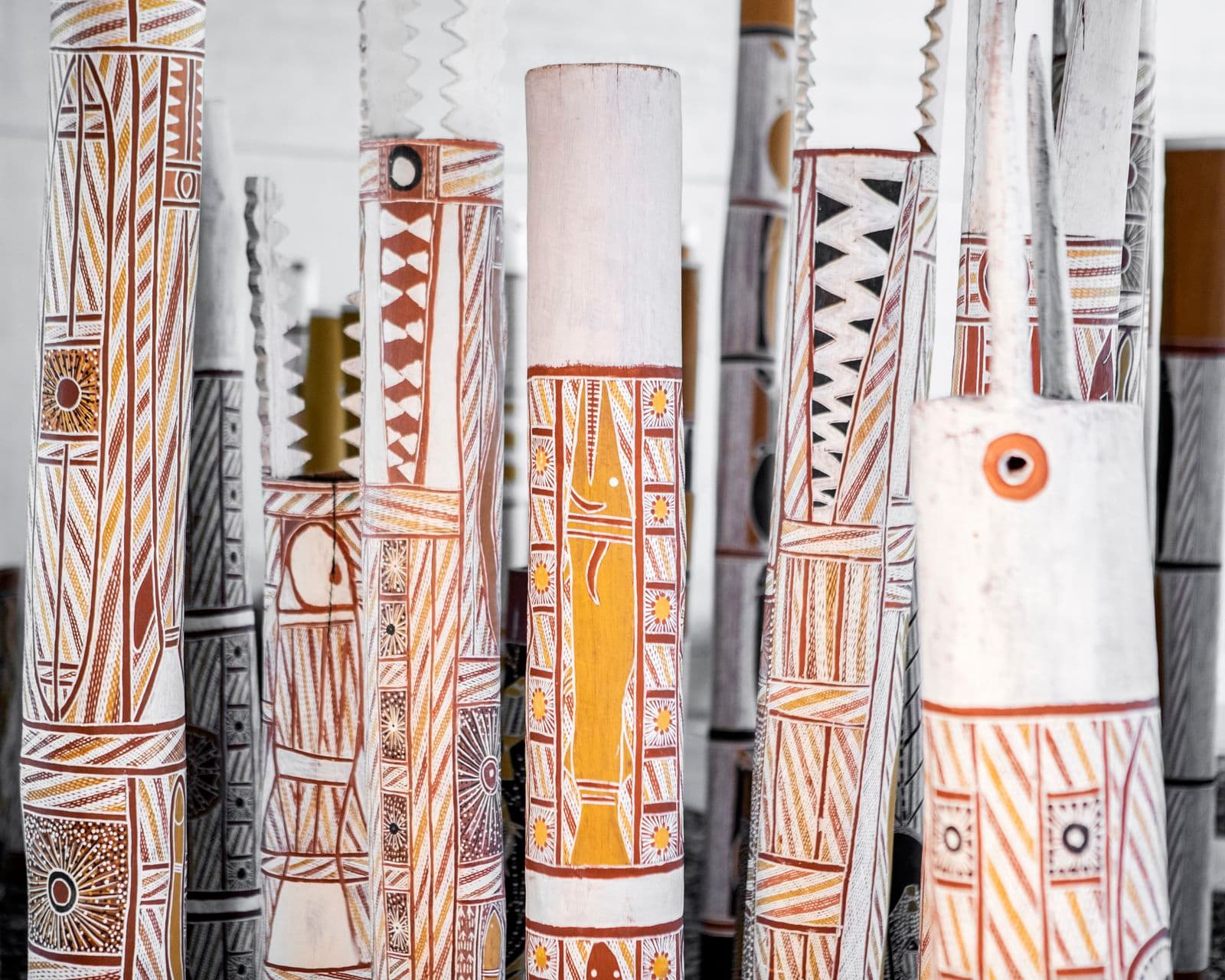 A section of the aboriginal memorial poles in close up