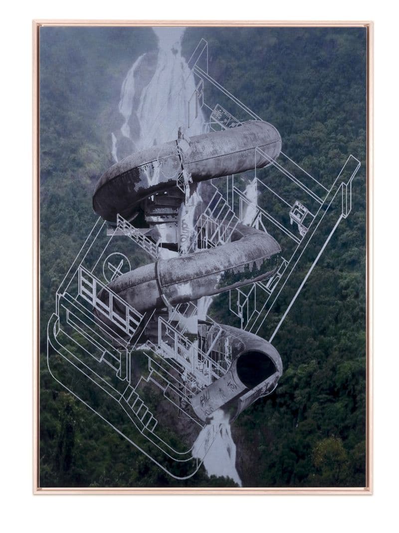 A work of contemporary collage with a grey tube slide and a white printed floor plan overlapping on a background of a deep green forest