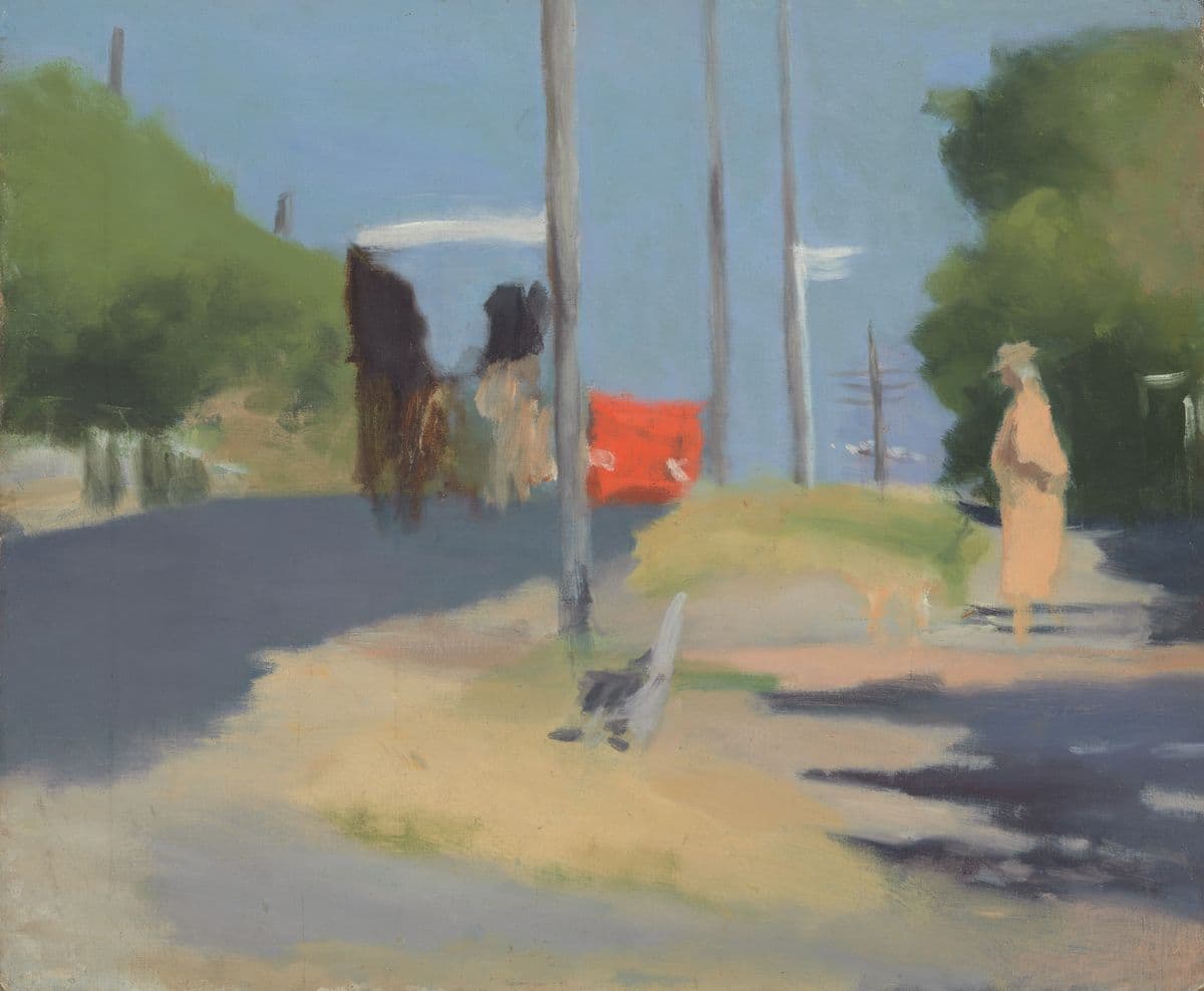 An abstract colourful painting of a person standing by a suburban backstreet with blue sky.