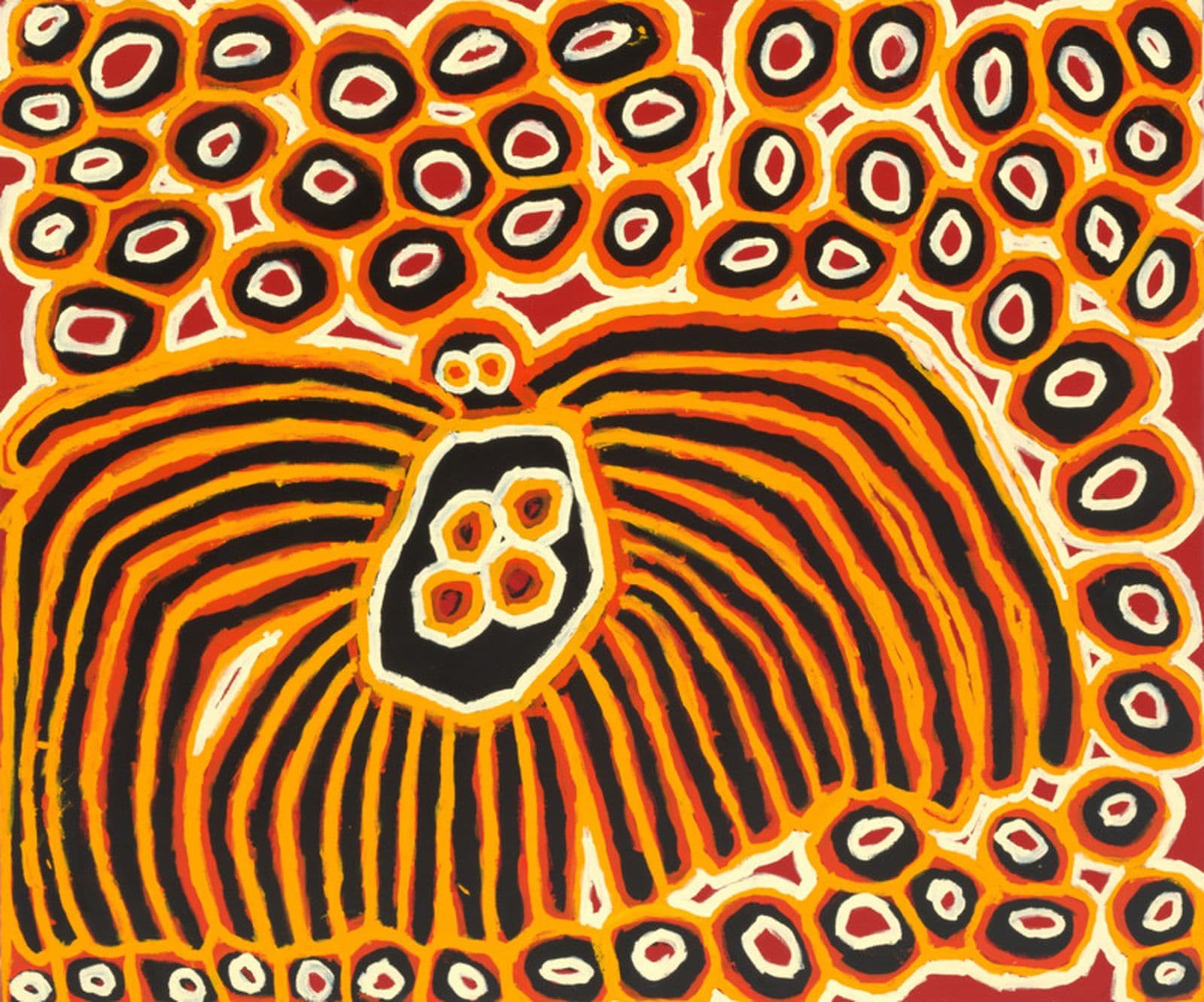 a bright orange, black, red and white dot painting. There is a figure with lots of legs, like a spider, and many circles above and below.