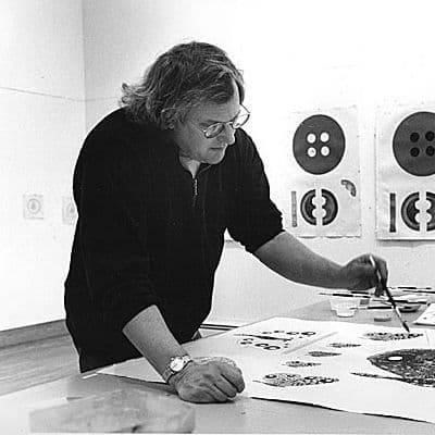 Black and white photograph of Donald Sultan in his studio