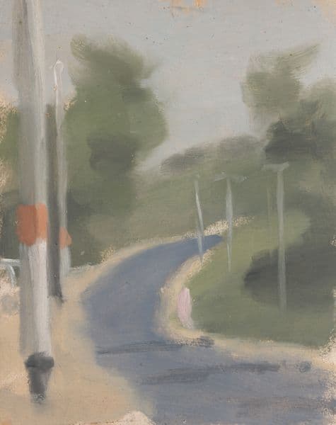 A soft painting of a street and telegraph poles