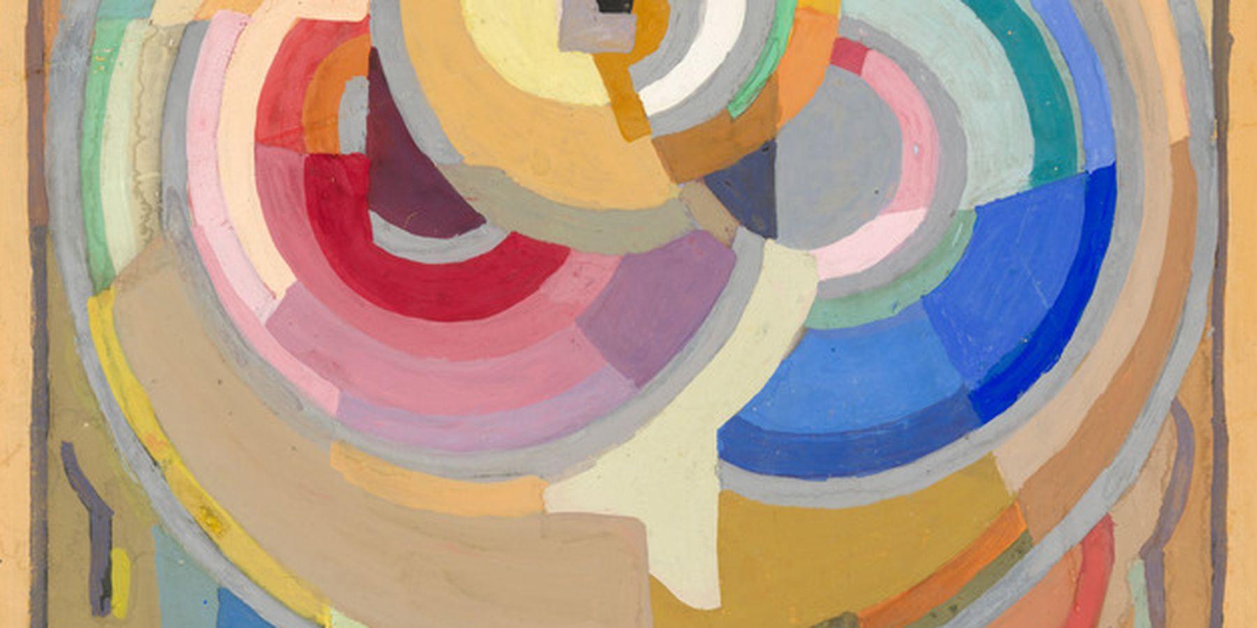 A drawing of interlocking circles in a rainbow of colours.