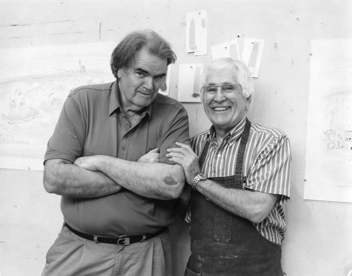 Black and white photograph of William Crutchfield and Kenneth Tyler in the artist's studio