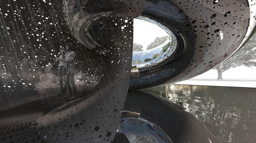 A digital rendering of the inside of a large sculpture, from the perspective os someone standing inside, looking outwards