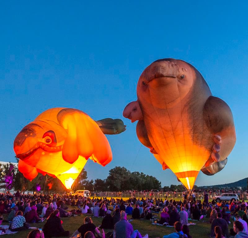 Photograph of the launch of Skywhales with people seated in foreground