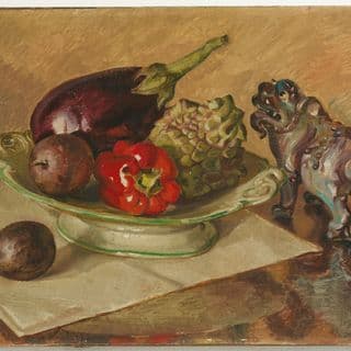 A still life painting of five vegetables, four of which are on a plate to the left, and a Chinese dragon dog figure sitting to the right of the vegetables.