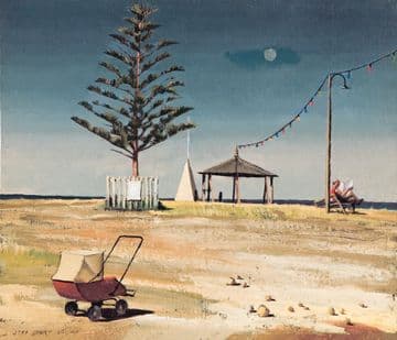 A grassy and sandy slope with a lone baby's pram in the foreground of the painting. In the background rises a tree, a pergola, and fairy lights on a pole. A man sits reading a news paper facing a just visible strip of ocean.
