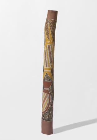 Ochre , white, yellow and black traditional First Nation's burial pole with Barracuda and moon fish imagery
