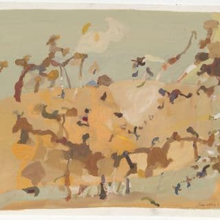 An abstract drawing of a landscape scene with light pastel blue, yellow, and brown shapes resembling trees and bush