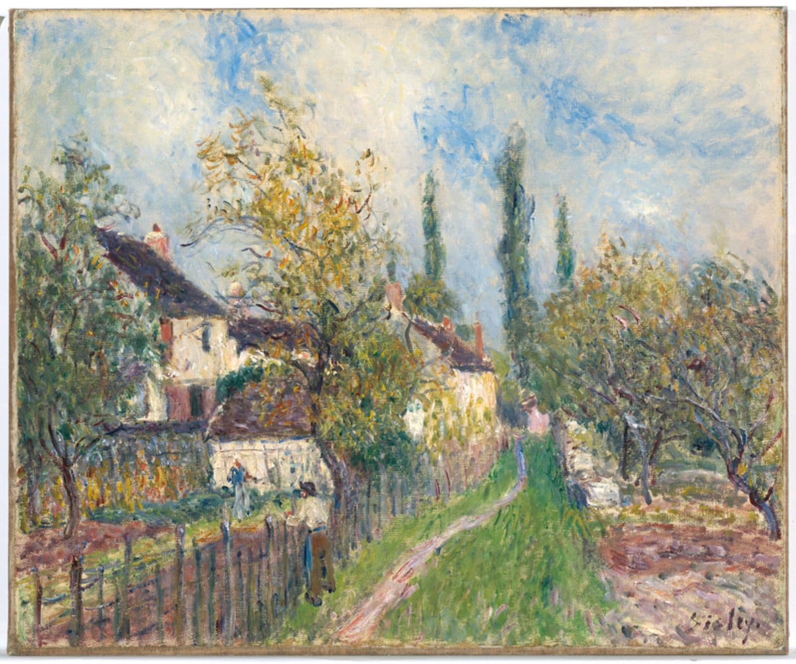 Painting of a grassy path through a village