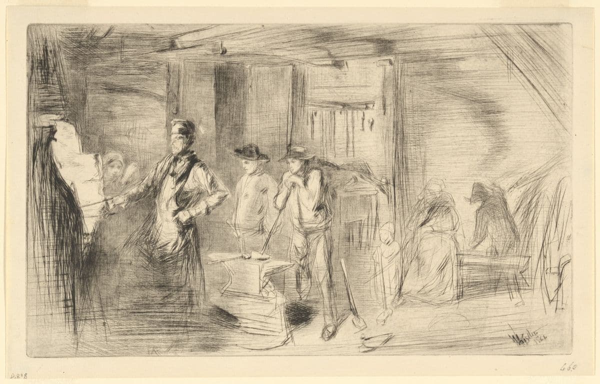 Print of men, women, and children in front of a forge