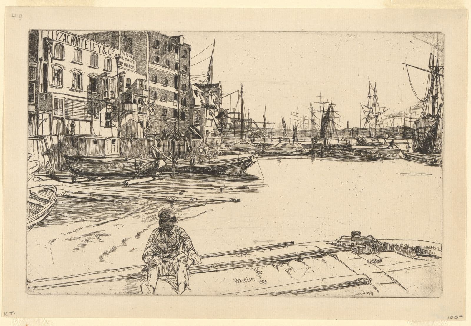 Drawing of boy in front of a wharf with sail boats