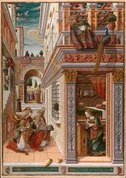 A painting depicting the angel Gabriel and Saint Emidius kneeling in the street by the window of the Virgin Mary, who is kneeling in prayer.