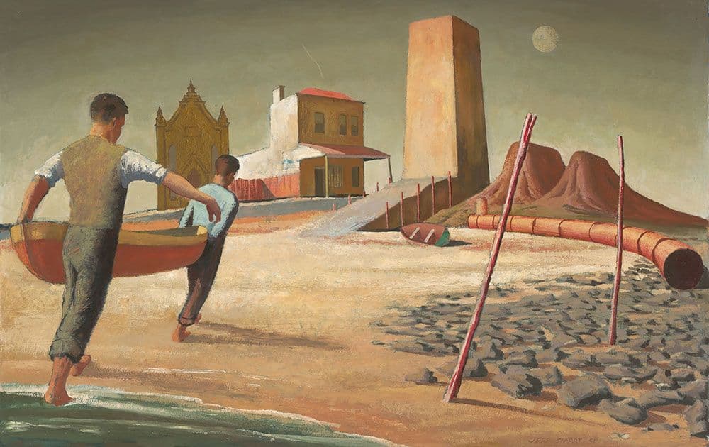 two men holding a boat walk out of the water towards a rectangular building