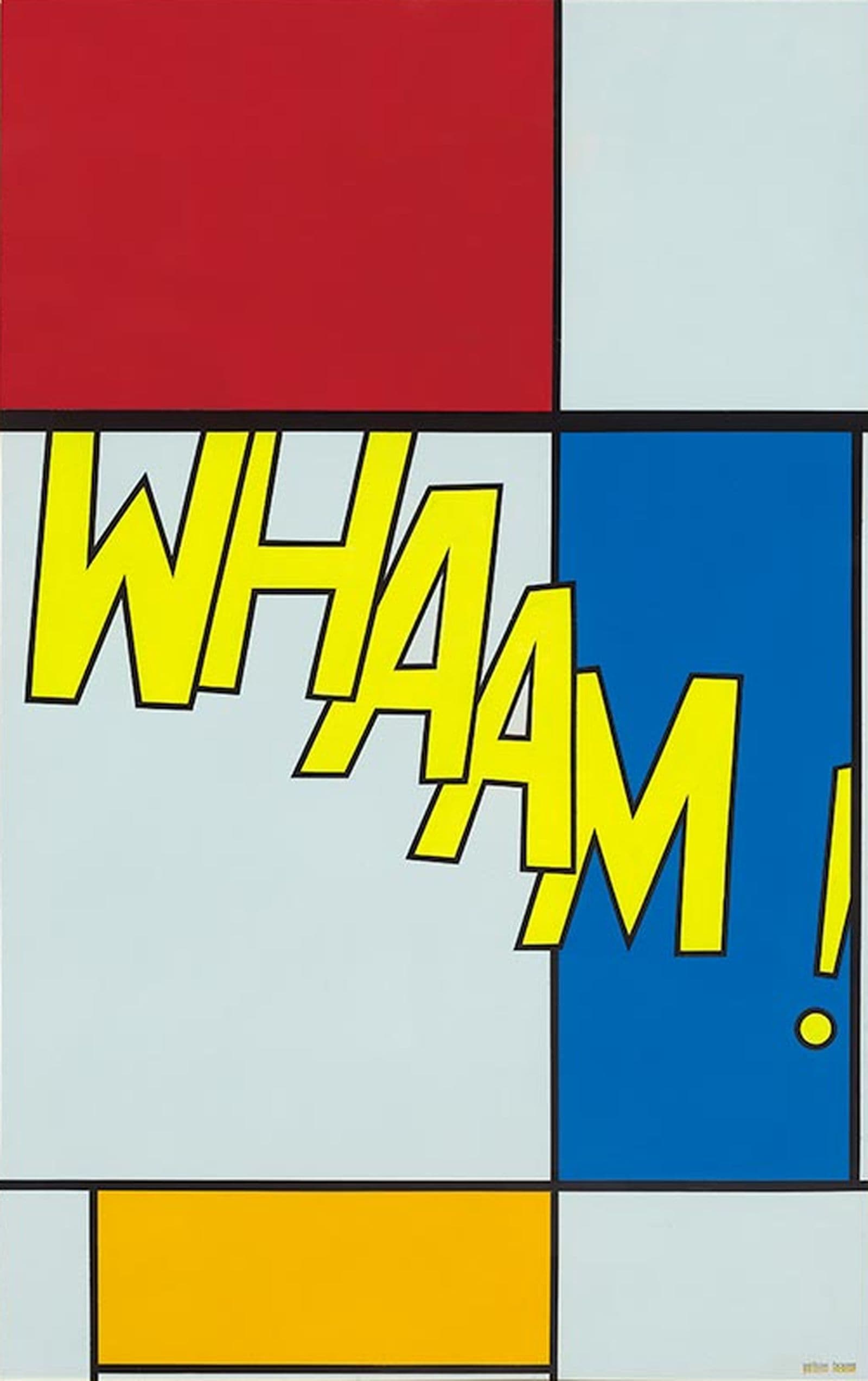 Pop art of coloured square and rectangular blocks with the word WHAAM! overlayed in the centre