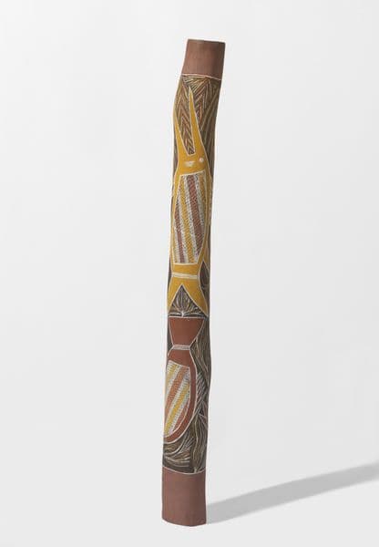 Ochre , white, yellow and black traditional First Nation's burial pole with Barracuda and moon fish imagery