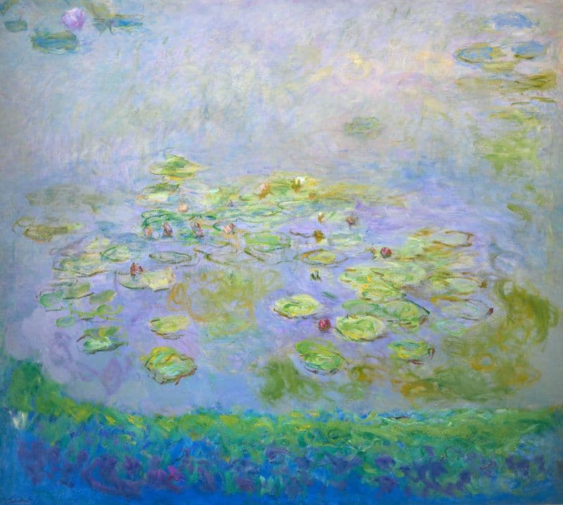 Painting of a pond with waterlilies floating on top of it