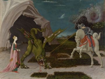 A painting depicting Saint George slaying the dragon from horseback in oil on canvas