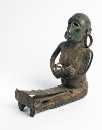 Bronze sitting human figure breatfeeding, large earrings