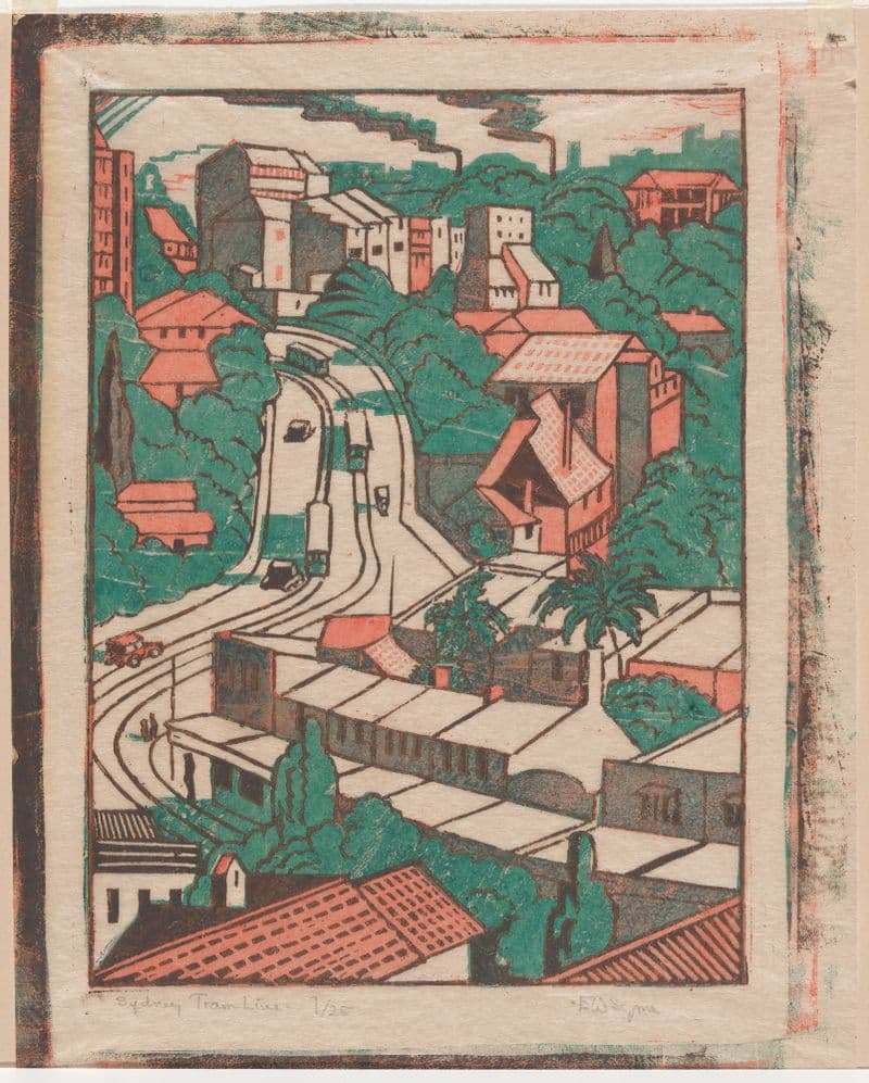 Print of tram line, cars, and roads amongst trees and buildings