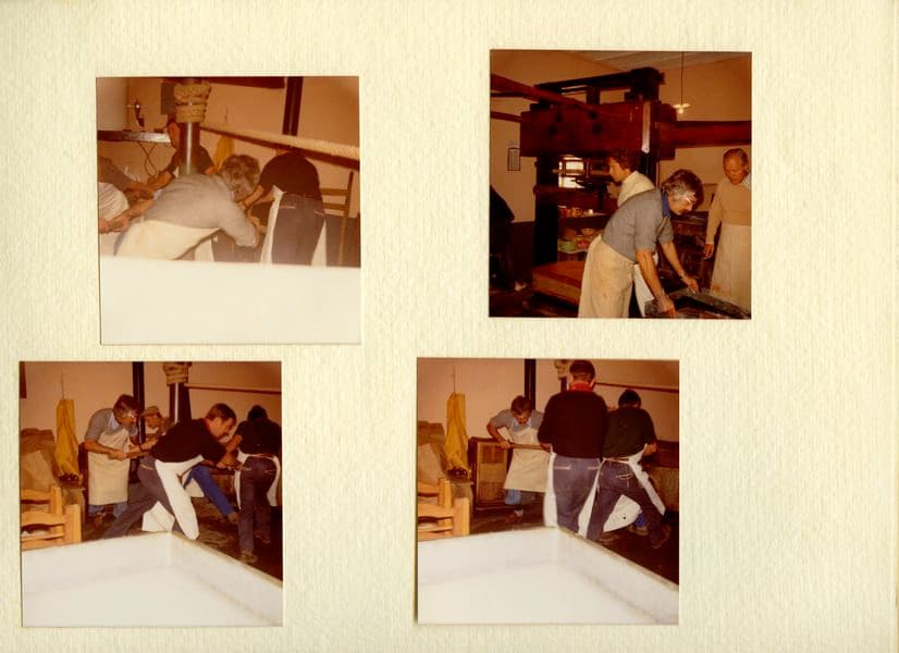 Scrapbook page with 4 photos of the artists working in a print studio
