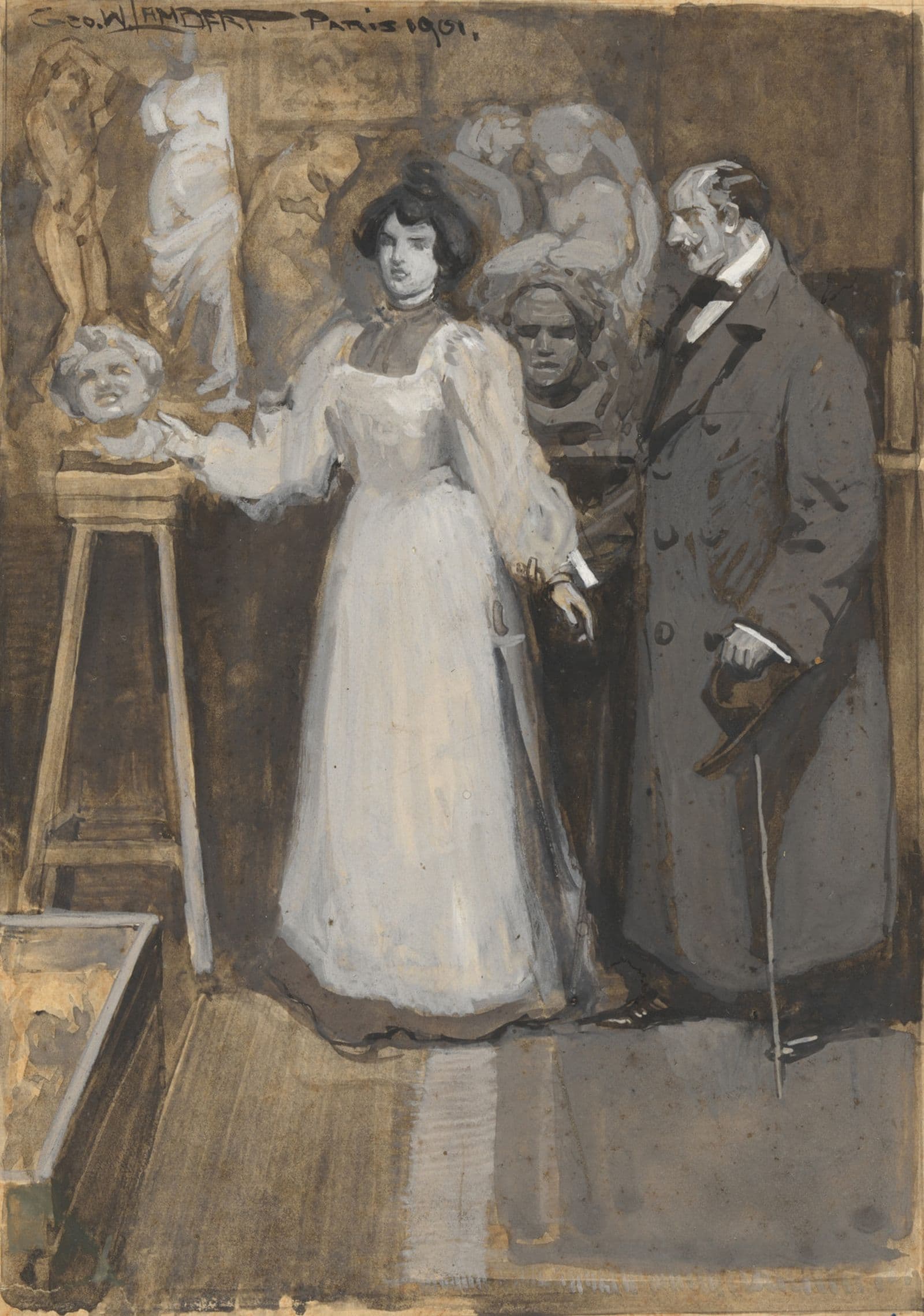 A black, white and grey drawing of a woman and a man in a sculptor's studio