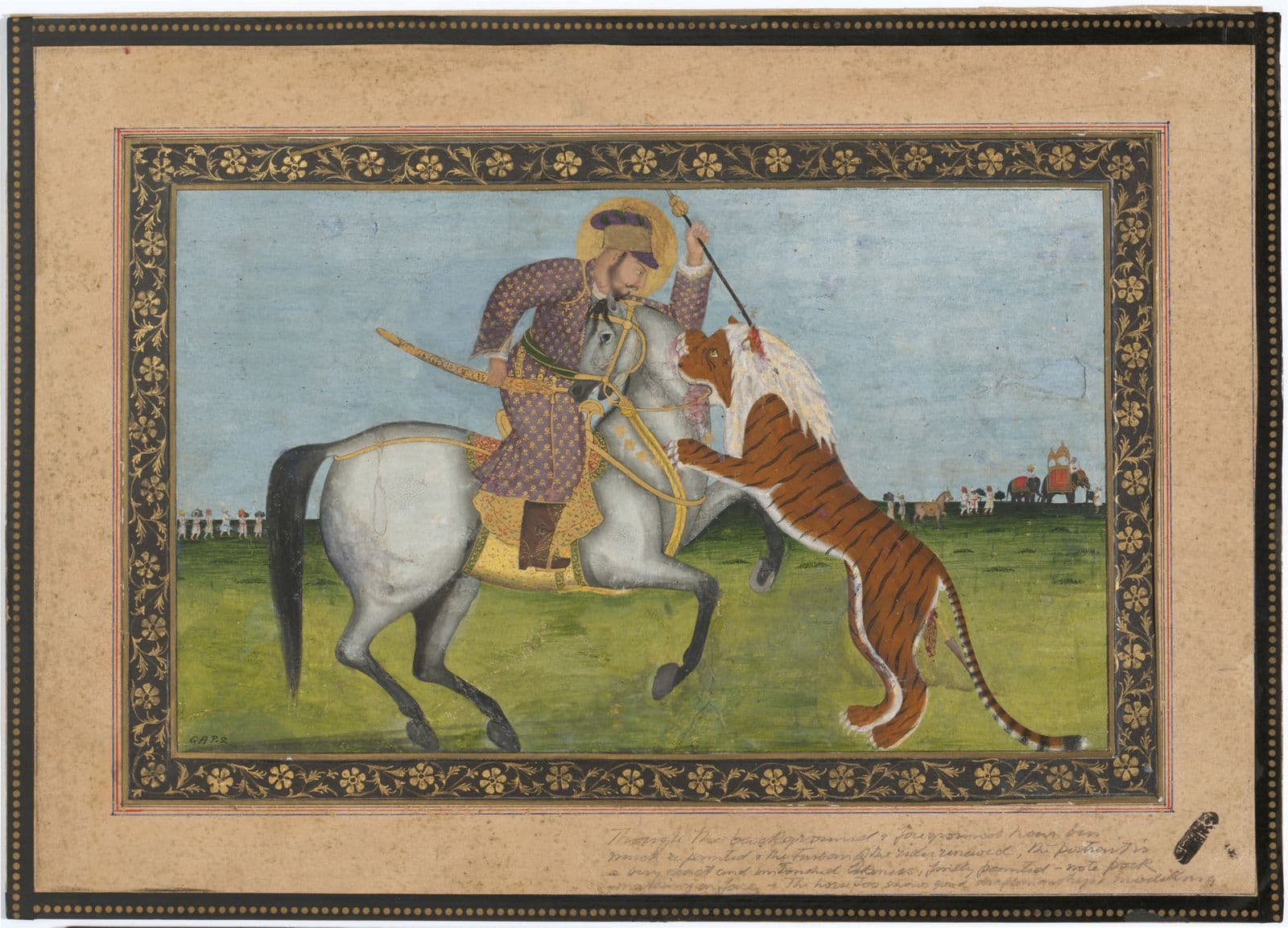 Watercolour painting of a man on a horse fighting a tiger with a spear