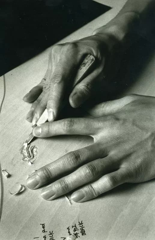 Yasuyuki Shibata carving a woodblock for Masami Teraoka’s ‘Hawaii Snorkel Series’