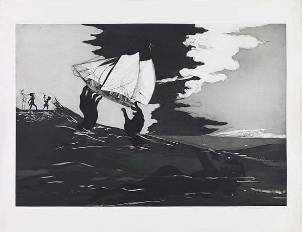 Black and white print of a colonial ship held high in black hands