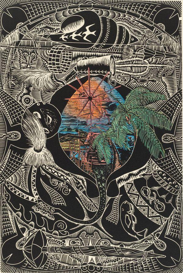 Indigenous artwork of totems in linocut printed in black ink with hand-coloured areas