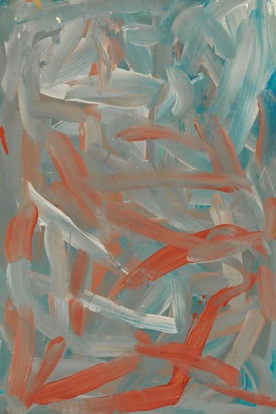 An abstract painting in hues of blue and red.