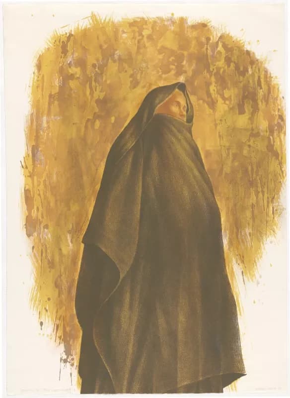 Print of figure draped in cloth in front of yellow background