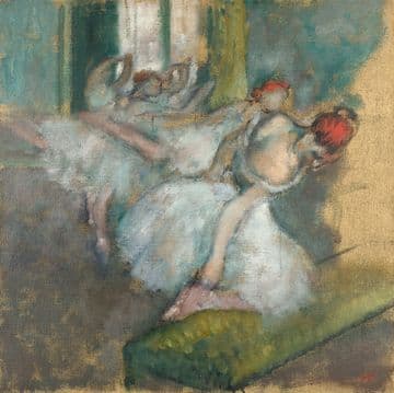 A painting of four ballerinas stretching in an undefined studio space.