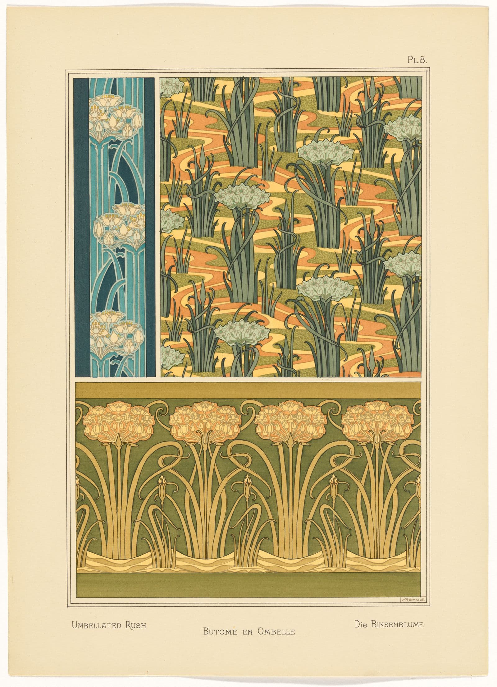 Print of repeating plant motifs.